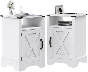 End Table with Charging Station Set, Night Stand with Storage Cabinet and Shelf Tall Wooden Bedside Table for Living End Table with Charging Station Set, Night Stand with Storage Cabinet and Shelf Tall Wooden Bedside Table for Living
