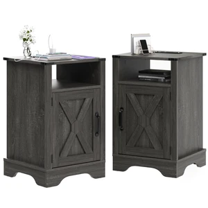 End Table Set with Charging Station, Dark Gray, Particle Board and MDF, Nightstands End Table Set with Charging Station, Dark Gray, Particle Board and MDF, Nightstands
