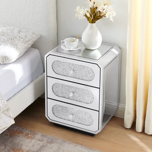Mirrored Nightstand with 3 Drawers, End Table with Crystal Handles Bedside Table for Living 17.7 Inch 13.8 Inch Mirrored Nightstand with 3 Drawers, End Table with Crystal Handles Bedside Table for Living 17.7 Inch 13.8 Inch