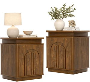 Two Piece Nightstand Set with Arched Recesses, Storage Cabinets with LED Lighting Ample Storage Space and Magnetic Push Two Piece Nightstand Set with Arched Recesses, Storage Cabinets with LED Lighting Ample Storage Space and Magnetic Push