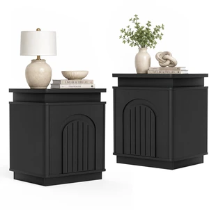 Two Piece Nightstand Set with Arched Recesses, Storage Cabinets with LED Lighting Ample Storage Space and Magnetic Push Two Piece Nightstand Set with Arched Recesses, Storage Cabinets with LED Lighting Ample Storage Space and Magnetic Push