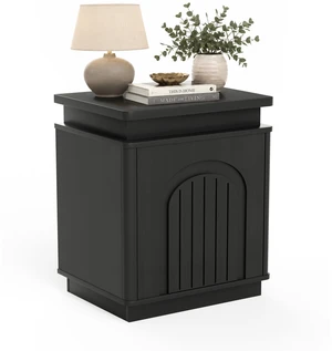 Bedside Table with Arched Grooves, Side Table with LED Lighting Ample Storage Space and Magnetic Push To-Open Doors Bedside Table with Arched Grooves, Side Table with LED Lighting Ample Storage Space and Magnetic Push To-Open Doors