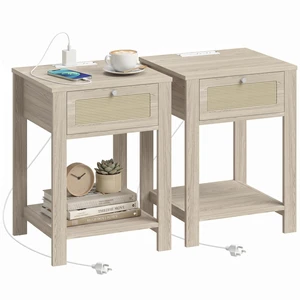 End Table Set with Charging Station, Bed Side Tables Set with Drawer Open Storage Shelf Rattan Like Drawer Front End Table Set with Charging Station, Bed Side Tables Set with Drawer Open Storage Shelf Rattan Like Drawer Front