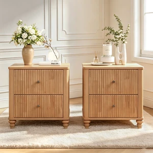 Eta Fluted Nightstand 2 Piece Set, 21.65 Inch Wide Side Table with 3 Drawers Mid Century Night Stand with Metal Handle Eta Fluted Nightstand 2 Piece Set, 21.65 Inch Wide Side Table with 3 Drawers Mid Century Night Stand with Metal Handle