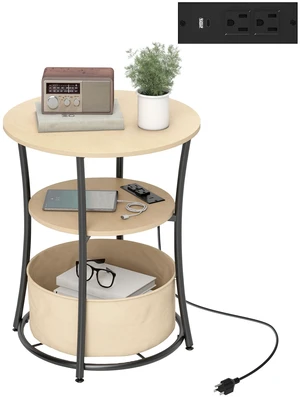Round Side Table with Charging Station, 3 Tier End Table with Fabric Storage Bag Shelf and Steel Frame for Living Round Side Table with Charging Station, 3 Tier End Table with Fabric Storage Bag Shelf and Steel Frame for Living