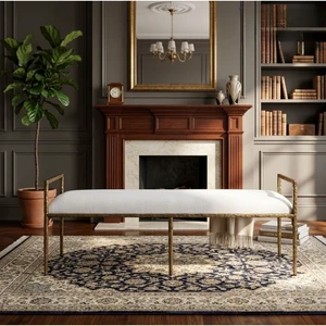 Glam Accent Bench with Upholstered Seat, Textured Gold Finish Iron Frame Armrests Kitchen and Dining Bench Cloud, Gold Glam Accent Bench with Upholstered Seat, Textured Gold Finish Iron Frame Armrests Kitchen and Dining Bench Cloud, Gold