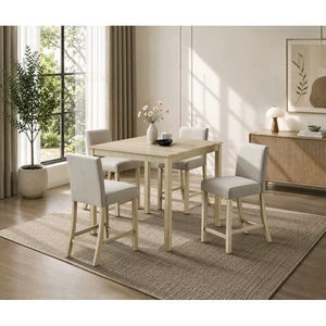 5 pc Counter Height Dining Set, Square Dining Table with Fabric Upholstered Counter Stools, Light Oak, Rubber Wood 5 pc Counter Height Dining Set, Square Dining Table with Fabric Upholstered Counter Stools, Light Oak, Rubber Wood