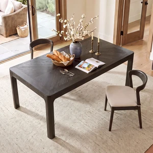 Rectangular Dining Table with Parquet Top, Rounded Corners Curved Leg Details and Adjustable Feet, Espresso, Solid Wood Rectangular Dining Table with Parquet Top, Rounded Corners Curved Leg Details and Adjustable Feet, Espresso, Solid Wood