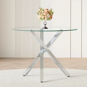 Round Glass Dining Table Suitable for 2 to 4 People Diameter 39 Inches, Height 30 Inches Shaped Silver Metal Frame Round Glass Dining Table Suitable for 2 to 4 People Diameter 39 Inches, Height 30 Inches Shaped Silver Metal Frame