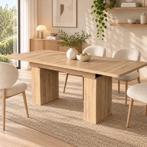 Extendable Dining Table for 4, Oak Grain Kitchen and Dining Table with Removable Extension Leaf Wave Fluted Pedestal