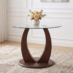 Round Glass Dining Table, 39 Inch Pedestal Kitchen Table with Adjustable Curved Wood Base 4 Person Space Saving Dining Round Glass Dining Table, 39 Inch Pedestal Kitchen Table with Adjustable Curved Wood Base 4 Person Space Saving Dining