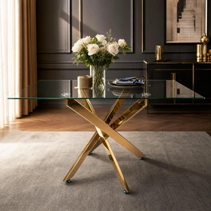 Rectangular Glass Table, 47.24 Inches Tempered Glass with Golden Frame Kitchen Table Set for Dining Party Conference Rectangular Glass Table, 47.24 Inches Tempered Glass with Golden Frame Kitchen Table Set for Dining Party Conference