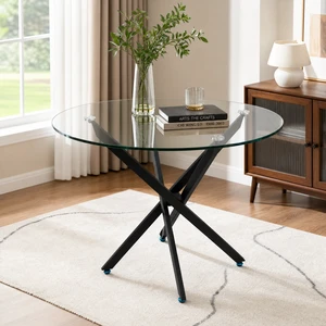 Round Glass Table, 35.43 Inches Tempered Glass with Black Frame Kitchen Table Set for Dining Party Conference Living Round Glass Table, 35.43 Inches Tempered Glass with Black Frame Kitchen Table Set for Dining Party Conference Living