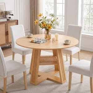 59.05 Inch Extendable Round Dining Table for 4, Round To-Oval Kitchen Table with Removable Extension Leaf Cross Shaped 59.05 Inch Extendable Round Dining Table for 4, Round To-Oval Kitchen Table with Removable Extension Leaf Cross Shaped