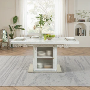 63 Inch Rectangle Dining Table, Stretchable with Printed Marble Table Top Storage Cabinet Leg with Metal Base Same 63 Inch Rectangle Dining Table, Stretchable with Printed Marble Table Top Storage Cabinet Leg with Metal Base Same