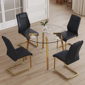 Table and Chair Set Round Tempered Glass Table with Metal Legs Paried with Chairs with Leather High Back Upholstered Table and Chair Set Round Tempered Glass Table with Metal Legs Paried with Chairs with Leather High Back Upholstered