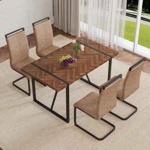 Table and Chair Set Retro Rectangular Dining Table with Fishbone Patterned MDF Desktop and Black Metal Legs Paired Table and Chair Set Retro Rectangular Dining Table with Fishbone Patterned MDF Desktop and Black Metal Legs Paired