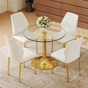 Table and Chair Set 35 Inch Tempered Glass Round Dining Table Gold Metal Bracket and Base Paired with Material High Table and Chair Set 35 Inch Tempered Glass Round Dining Table Gold Metal Bracket and Base Paired with Material High