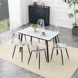 Table and Chair Set Imitation Texture Glass Top Lower MDF Board, Black Metal Legs Paired with Plastic Chairs with Black Table and Chair Set Imitation Texture Glass Top Lower MDF Board, Black Metal Legs Paired with Plastic Chairs with Black