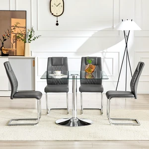 Table and Chair Set 38.5 Inch Square Glass Dining Table with Silver Metal Base Paired with High Chairs with Arched Table and Chair Set 38.5 Inch Square Glass Dining Table with Silver Metal Base Paired with High Chairs with Arched