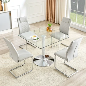 Table and Chair Set 38.5 Inch Square Glass Dining Table with Silver Metal Base Paired with 4 Light High Chairs Table and Chair Set 38.5 Inch Square Glass Dining Table with Silver Metal Base Paired with 4 Light High Chairs