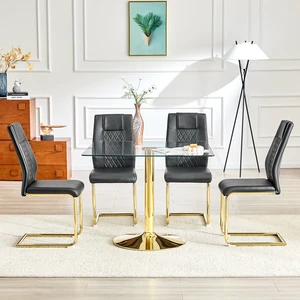 Table and Chair Set 38.5 Inch Square Glass Dining Table with Gold Metal Base Paired with High Chairs with Arched Metal Table and Chair Set 38.5 Inch Square Glass Dining Table with Gold Metal Base Paired with High Chairs with Arched Metal