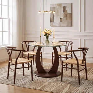 Table and Chair Set 38.6 Inch Glass Round Table, Paired with Four Uniquely Designed Dining Chairs with Coloer Metal Table and Chair Set 38.6 Inch Glass Round Table, Paired with Four Uniquely Designed Dining Chairs with Coloer Metal