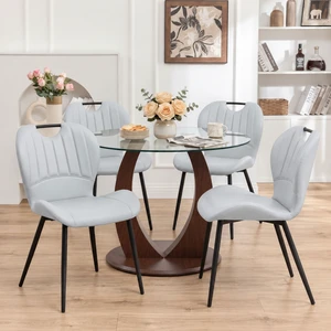 Table and Chair Set 38.6 Inch Glass Round Table, Paired with Four Uniquely Designed Dining Chairs with Black Metal Legs Table and Chair Set 38.6 Inch Glass Round Table, Paired with Four Uniquely Designed Dining Chairs with Black Metal Legs