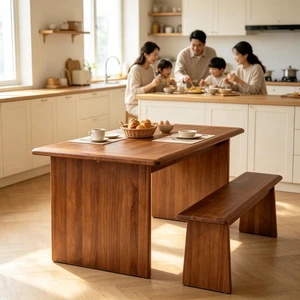 Solid Dining Table Set with Bench, Rectangular Walnut Tone Dinner Table with Matching Wooden Bench Heavy Duty Kitchen Solid Dining Table Set with Bench, Rectangular Walnut Tone Dinner Table with Matching Wooden Bench Heavy Duty Kitchen