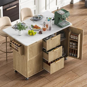 Fluted Kitchen Island with Drop Leaf, Power Outlet 55.5 Inch Kitchen Island with Storage-6 Door Shelves Adjustable Fluted Kitchen Island with Drop Leaf, Power Outlet 55.5 Inch Kitchen Island with Storage-6 Door Shelves Adjustable