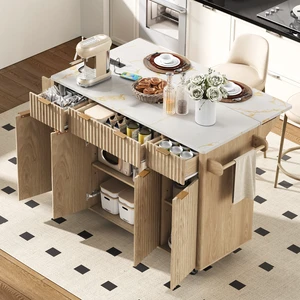 Fluted Kitchen Island with Storage, 55.5 Inch Kitchen Island with Drop Leaf Power Outlet 4 Doors and 3 Drawers Rolling Fluted Kitchen Island with Storage, 55.5 Inch Kitchen Island with Drop Leaf Power Outlet 4 Doors and 3 Drawers Rolling