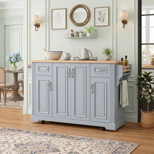54.1 Inch Large Kitchen Island with Drop Leaf, Embossed Texture Rolling Kitchen Cart 4 Wheels with 4 Doors and 2 54.1 Inch Large Kitchen Island with Drop Leaf, Embossed Texture Rolling Kitchen Cart 4 Wheels with 4 Doors and 2