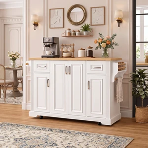 54.1 Inch Large Kitchen Island with Drop Leaf, Embossed Texture Rolling Kitchen Cart 4 Wheels with 4 Doors and 2 54.1 Inch Large Kitchen Island with Drop Leaf, Embossed Texture Rolling Kitchen Cart 4 Wheels with 4 Doors and 2