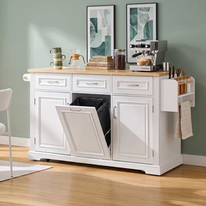 64.6 Inch Large Kitchen Island with Trash Can Storage, Embossed Texture Rolling Kitchen Cart 4 Wheels with 2 Doors 64.6 Inch Large Kitchen Island with Trash Can Storage, Embossed Texture Rolling Kitchen Cart 4 Wheels with 2 Doors