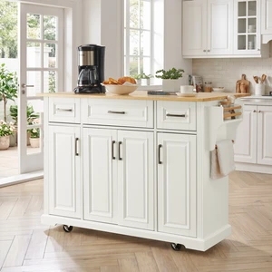 47.2 Inch Kitchen Island with 3 Drawers, Drop Leaf and 4 Doors Rubberwood Top Side Rack Towel Bar Locking Wheels 47.2 Inch Kitchen Island with 3 Drawers, Drop Leaf and 4 Doors Rubberwood Top Side Rack Towel Bar Locking Wheels