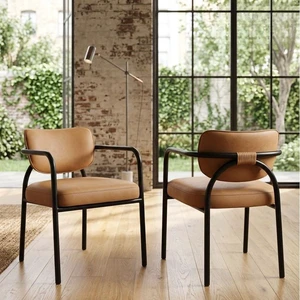 Dining Chair with Upholstered Seat and Back, Iron Frame Armrests Kitchen and Dining Chair Cognac, Cognac, Iron Dining Chair with Upholstered Seat and Back, Iron Frame Armrests Kitchen and Dining Chair Cognac, Cognac, Iron
