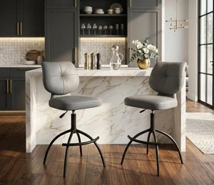 2 Piece Adjustable Faux Leather Bar Stool Set with Swivel Base, Gray, Seating for Dining 2 Piece Adjustable Faux Leather Bar Stool Set with Swivel Base, Gray, Seating for Dining