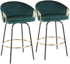 Counter Stool in Black Metal and Emerald Velvet with Gold Metal Accent Set, Green, Seating for Dining Counter Stool in Black Metal and Emerald Velvet with Gold Metal Accent Set, Green, Seating for Dining
