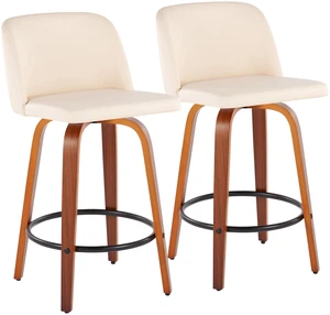 Mid-Century Fixed Height Counter Stool in with Round Footrest and Faux Leather Set, Cream, Seating for Dining Mid-Century Fixed Height Counter Stool in with Round Footrest and Faux Leather Set, Cream, Seating for Dining
