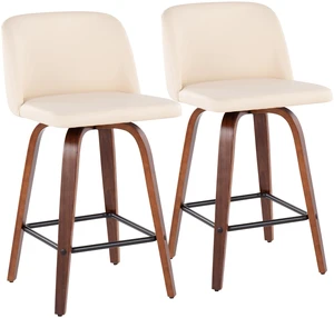 Mid-Century Fixed Height Counter Stool in with Square Footrest and Faux Leather Set, Cream, Seating for Dining Mid-Century Fixed Height Counter Stool in with Square Footrest and Faux Leather Set, Cream, Seating for Dining
