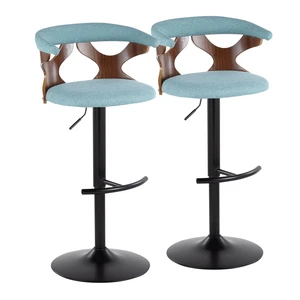 Adjustable Barstool with Swivel in Black Metal, Teal Fabric with Rounded Footrest Set, Seating for Dining Adjustable Barstool with Swivel in Black Metal, Teal Fabric with Rounded Footrest Set, Seating for Dining