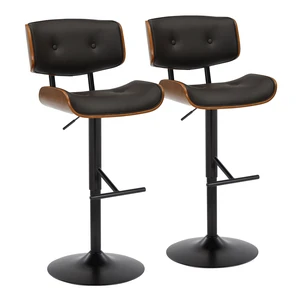 Adjustable Barstool with Swivel in Black Metal, Faux Leather with Straight Footrest Set, Walnut, PU Leather, Seating Adjustable Barstool with Swivel in Black Metal, Faux Leather with Straight Footrest Set, Walnut, PU Leather, Seating