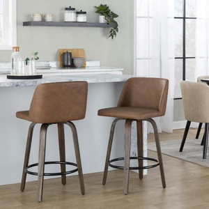 26 Inch Mid Century Fixed Height Counter Stool with Swivel in Glazed and Faux Leather with Round Black Metal Footrest 26 Inch Mid Century Fixed Height Counter Stool with Swivel in Glazed and Faux Leather with Round Black Metal Footrest