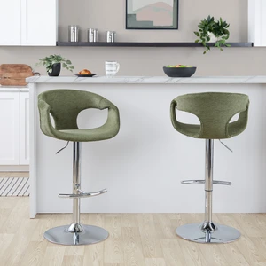Adjustable Barstool in Chrome Metal and Green Fabric with Rounded Footrest Set, Seating for Dining Adjustable Barstool in Chrome Metal and Green Fabric with Rounded Footrest Set, Seating for Dining
