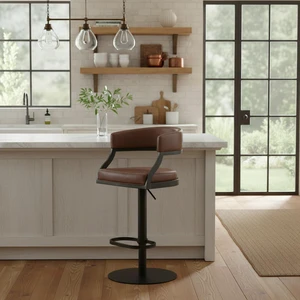 Retro Swivel Black Metal Adjustable Height Barstool with Faux Leather Seat, Coffee, Seating for Dining Retro Swivel Black Metal Adjustable Height Barstool with Faux Leather Seat, Coffee, Seating for Dining