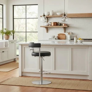 Swivel Stainless Metal Adjustable Height Barstool with Faux Leather Seat, Black, Seating for Dining Swivel Stainless Metal Adjustable Height Barstool with Faux Leather Seat, Black, Seating for Dining