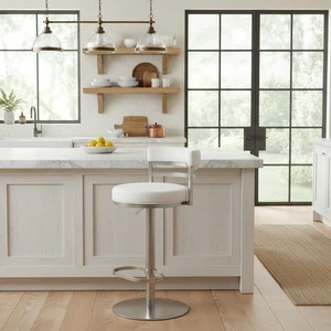 Swivel Stainless Metal Adjustable Height Barstool with Faux Leather Seat, White, Seating for Dining Swivel Stainless Metal Adjustable Height Barstool with Faux Leather Seat, White, Seating for Dining