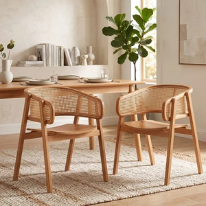 Rattan and Rubber Dining Chairs with Armrests, Set, Natural, Rattan and Rubber Wood, Seating for Dining Rattan and Rubber Dining Chairs with Armrests, Set, Natural, Rattan and Rubber Wood, Seating for Dining