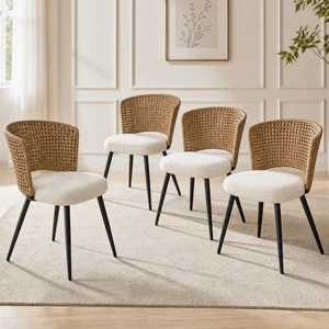 Rattan Dining Chairs Set Rattan Kitchen Chair with Teddy Fleece Cushion, Dining Seat with Cane Back and Metal Legs Rattan Dining Chairs Set Rattan Kitchen Chair with Teddy Fleece Cushion, Dining Seat with Cane Back and Metal Legs