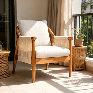 Accent Chair, Solid Hardwood Frame with Hand Woven Paper Rope Arm Mid-Century Armchair with Soft Linen Blend Cushion Accent Chair, Solid Hardwood Frame with Hand Woven Paper Rope Arm Mid-Century Armchair with Soft Linen Blend Cushion